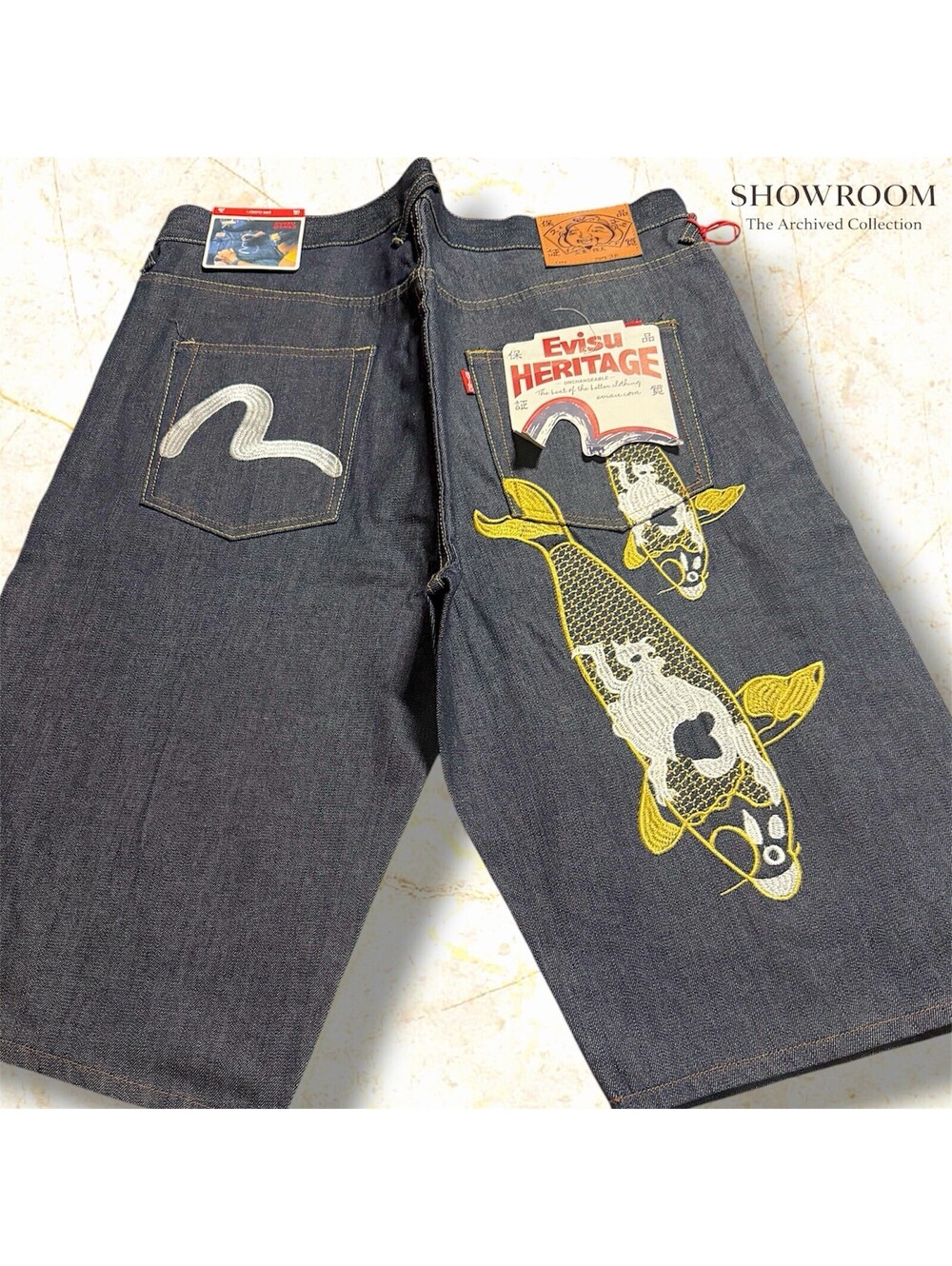 Evisu Heritage Raw Blue Koi Fish Jean Shorts 36 Deadstock OG Tags $300 MSRP